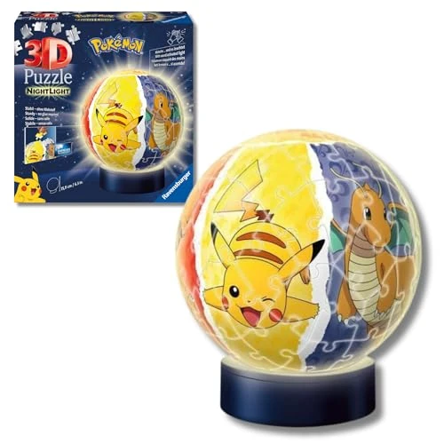 Ravensburger - Puzzle 3D Ball illuminé - Pokémon - A partir de 6 Ans - 72 pièces numérotées à Assembler sans Colle - Socle Lumineux Inclus - 11547