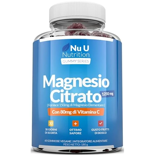 Offerta a tempo: Magnesio Citrato 1250mg per Adulti e Bambini (5+) - 60 Gommose Vegane - Gusto Frutti di Bosco - 150mg di Mag Elementare e 80mg di Vitamina C - Prodotto in Europa - Nu U Nutrition - 21% da 18.97 € a 14.97 €