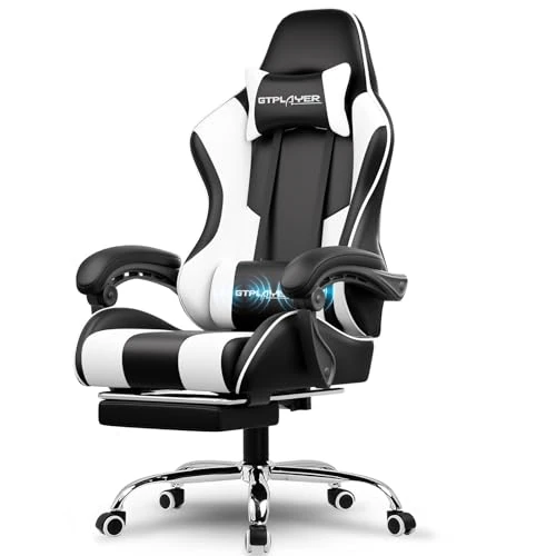Offerta a tempo: GTPLAYER Sedia da Gaming, Ergonomico Sedia da Ufficio, con Massaggiante poggiapiedi e supporto lombare, Schienale Regolabile 90-135°, Portata 150 kg, sedia per computer, bianco - 0.00% da 129.99 € a 129.99 €