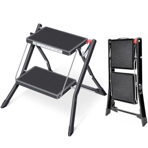 Zeitlich begrenztes Angebot: KINGRACK Klapptritt 2 Stufen, Trittleiter mit Rutschfester Gummimatte | Tritthocker Klappbar mit Entriegelungstaste, Leichter Stahl, bis 150 kg, für Haushalt Küche Wohnmobil, Schwarz von 29.99 € auf 25.49 € (15% Rabatt)