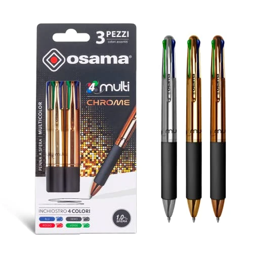 Offerta a tempo: OSAMA, 4 Multi-Set Penne Colorate Cromate 4 Colori, 3 Pezzi-Penna Multicolore a Sfera 1.0 mm con Inchiostro Nero, Blu, Rosso e Verde, Ideale per Cartoleria e Cancelleria Scuola, Università e Ufficio - 35% da 12.18 € a 7.90 €