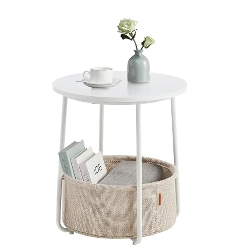 Zeitlich begrenztes Angebot: VASAGLE Beistelltisch rund, Kleiner Tisch, Couchtisch klein, Wohnzimmertisch, Korb aus Stoff, Stauraum für Wohnzimmer Schlafzimmer, Nachttisch modern, mattweiß-Kamelbraun LET223W10 von 29.99 € auf 29.99 € (0.00% Rabatt)