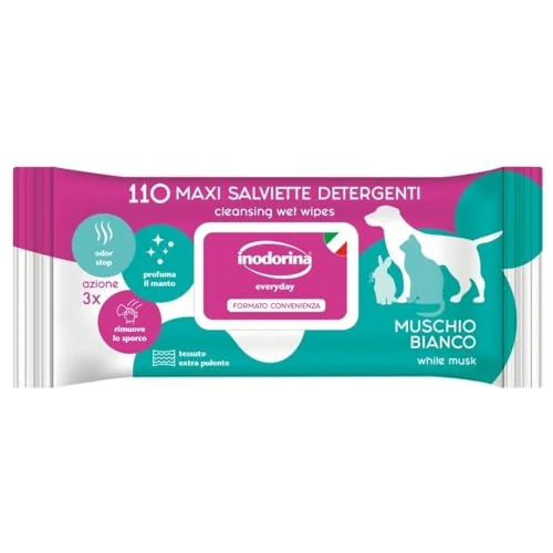 Inodorina Everyday Wipes für Hunde & Katzen (110 Stück, Weißer Moschus) – Haustiertücher mit Geruchsstopp, weichmachend & schützend, pH-neutral