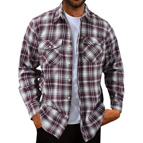 Halfword Camisas Casual Franela Hombre Camisa de Cuadros Manga Larga Algodón Holgado Bolsillos