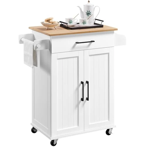 Yaheetech Kitchen Trolley with Wheels Wooden Serving Trolley Kitchen Shelf for Dining Room Living Room, 66 x 45.5 x 91.5 cm, White