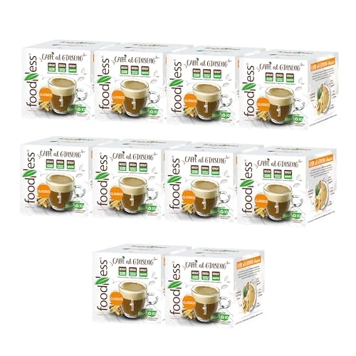 Offerta a tempo: foodNess - 10 Box da 10 Capsule di Ginseng, Capsule Compatibili con Sistema Lavazza A Modo Mio, Solubile per Caffè con Estratto di Ginseng, Senza Glutine, Additivi, Lattosio e Zuccheri Aggiunti - 0.00% da 37.90 € a 37.90 €