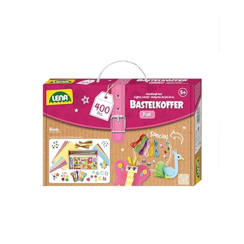 Oferta limitada: Lena 42714 - Maletín para manualidades, material para manualidades con papel colorido,goma musgo,limpiador de pipas, pedrería, ojos, pompones, botones y más,para niños a partir de 5 años,rosa y morado de 12.99 EUR a 12.99 EUR (ahorro 0%)