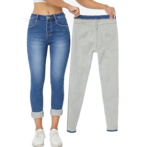 Yehopere Dames winter fleece gewatteerde jeans slim fit warm skinny high waist denim jeans, Blauw As22, S