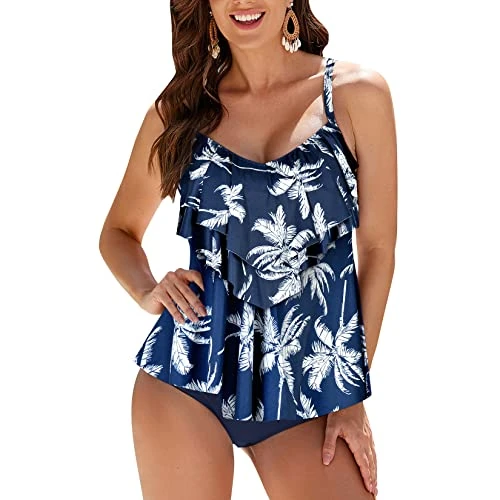 Offerta a tempo: WIN.MAX Costume da Bagno Tankini da Donna Set Vita Alta Volant Volant 2 Pezzi Bikini Set Costume da Bagno Plus Size Costume (Albero di Cocco,EU42) - 5% da 28.99 € a 27.54 €