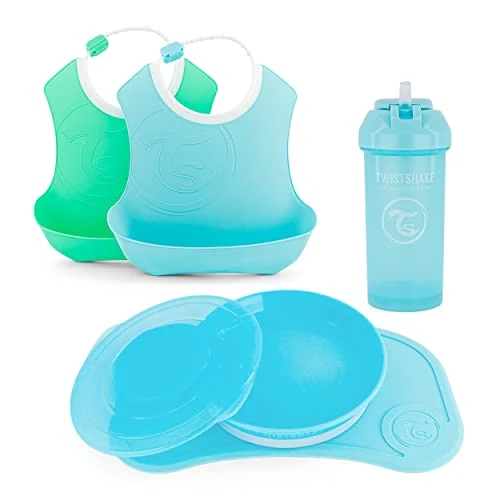 Twistshake Babygeschirr-Set - 5 Teilig | 1x Baby-Silikon-Tischset - 1x Kinderteller - 2x Lätzchen - 1x Strohhalmbecher | Baby-Fütterungsset | Geschirr für die Entwöhnung | 6+ Monate | Blau