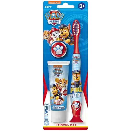 Offerta a tempo: Paw Patrol, set da viaggio per bambini, include dentifricio aromatizzato alla fragola e spazzolino a setole morbide con ventosa e tappo protettivo, kit per l'igiene orale adatto ai viaggi per bambini - 58% da 9.58 € a 4.00 €