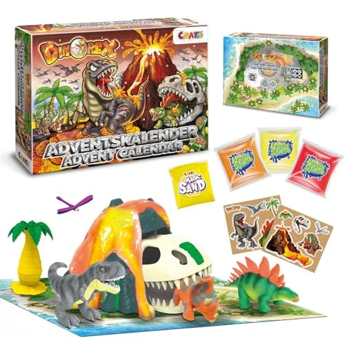 CRAZE Kalendarz adwentowy z zabawkami Dino Playset, Kalendarz Dinozaurów Dla Dzieci, Kalendarz Zawiera Wulkan Z Lawą Slime, 24 Niespodzianki Dinozaurów Na Boże Narodzenie