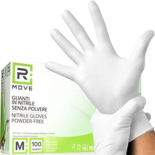 R MOVE 100 guanti in nitrile monouso bianchi M senza polvere, gloves ambidestri usa e getta per alimenti, non sterili, senza lattice, ipoallergenici ambiti medici, Estetisti, Tatuatori (M, Bianchi)