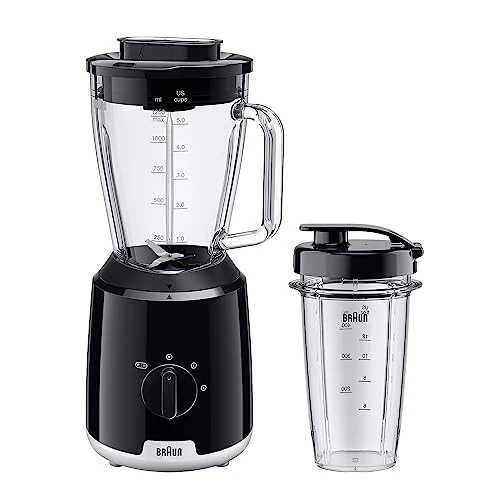Offerta a tempo: Braun PowerBlend 1 JB1051BK, Frullatore da Tavolo con Bicchiere Smoothie2Go, Frullatore con caraffa di Vetro Triangolare, 2 Velocità, Funzione Tritaghiaccio, 600W, Nero - 42% da 59.90 € a 34.90 €