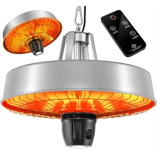 Offerta a tempo: KESSER® Stufa da soffitto a forma di fungo, riscaldatore a infrarossi, 2500 W, con telecomando, faretto al quarzo, luce a LED, da soffitto, con catena + moschettone, elemento riscaldante in carbonio - 0.00% da 152.80 € a 152.80 €