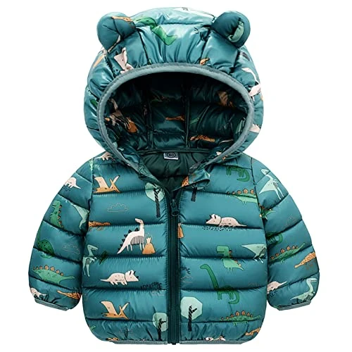 JinBei Mantel für Kinder, Jungen Winterjacke mit Kapuze Warme Dinosaurier Grün Kapuzenjacke, Ultraleicht Gepolstert Herbst Steppjacke Oberbekleidung Wintemantel Alter 4-5 Jahre