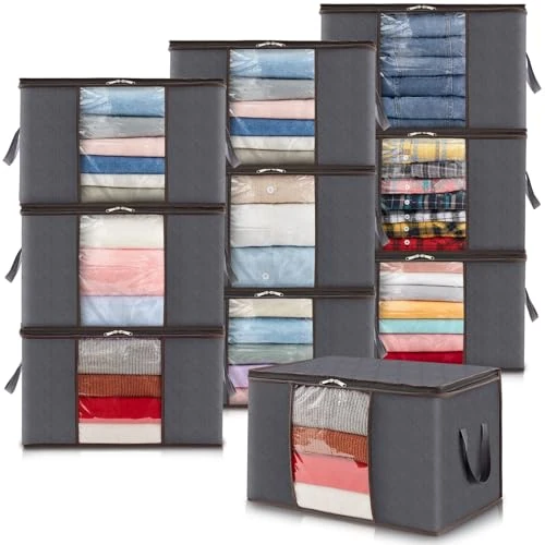 Lifewit 95L Clothes Storage Bags, Foldable Storage Box Moving Bags Wardrobe Storage Organiser Packing Boxes for Moving House with Clear Window for Clothing Bedding Blankets, Grey, 10 Pack