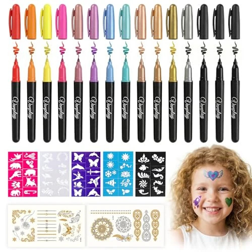 Tijdelijke aanbieding: Tattoo Pen Tijdelijke Tattoos Pen Tattoo Pen Kids Make Up met 15 Tattoo Pens 5 Tattoo Stencils en 2 Tattoo Stickers voor Meisjes Jongens Volwassenen Carnaval, Verjaardagen Kerstmis Party van 26.28 € naar 26.28 € (0.00% korting)