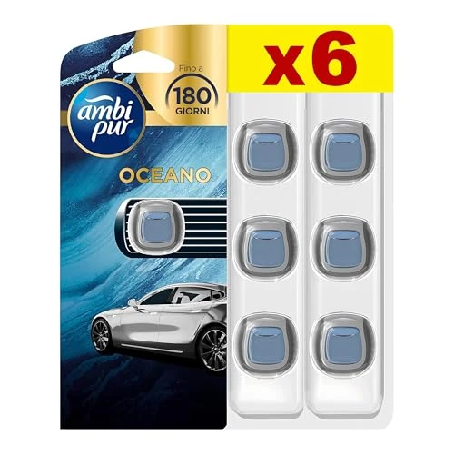 Ambi Pur Ambientador para coche, 6 ambientadores para coche, fragancia océano, elimina olores, hasta 30 días de perfume para desodorante, fácil de enganchar
