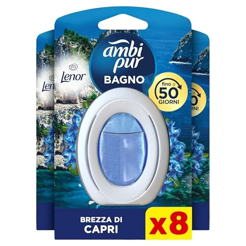 Ambi Pur Ambientador de baño, 8 ambientadores de baño, fragancia brisa de Capri, difusor de ambiente con tecnología elimina olores, duración hasta 50 días por ambientador