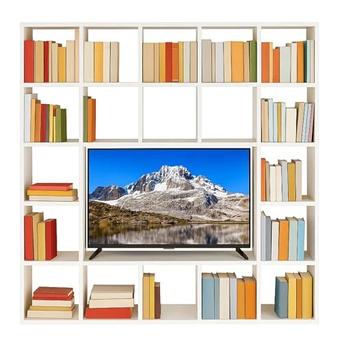 MAR.C.A DESIGN Biblioteca de pared blanca ceniza con mueble para TV o posible a pared, 19 compartimentos con estante de cubos, 40 x 40 cm (longitud 218 cm, profundidad 30 cm y altura 218 cm) Made