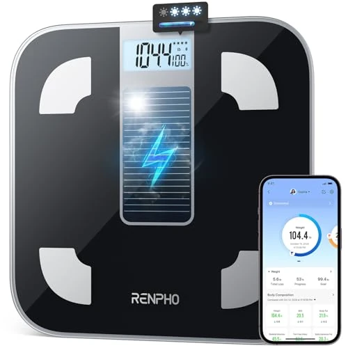 Offre limitée : RENPHO Balance Pese Personne Solar Pese Personnes Sans Pile, Bluetooth Balance Connectée avec App, 13 Analyses de la Composition Corporelle, 180kg, Noir, Elis de 35.90 EUR à 34.82 EUR (remise 3%)