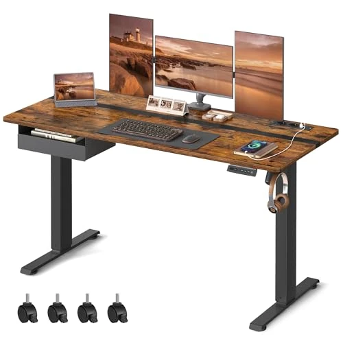 VASAGLE In hoogte verstelbaar bureau elektrisch, bureaublad 140 x 60 x (72-120) cm, traploos verstelbaar, memoryfunctie met 4 hoogtes, vintage bruin-zwart LSD114X01