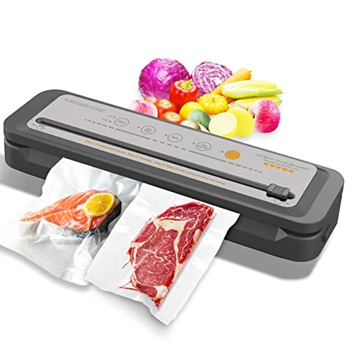 Offerta a tempo: Macchina Sottovuoto MEGAWISE – Aspirazione 80kPa, Sigillatrice Compatta con Taglierina Integrata e Funzione One-Touch – Include Tubo e 10 Sacchetti – Per Alimenti Secchi e Umidi (grigio argento) - 0.00% da 43.38 € a 43.38 €