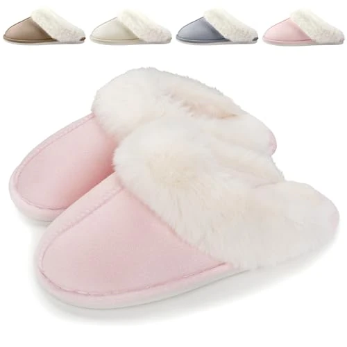 Hilax Pantoffels, uniseks, winter, pluche, warm gevoerde pantoffels, slippers, slipvast, platte slippers, roze, 40/41 EU