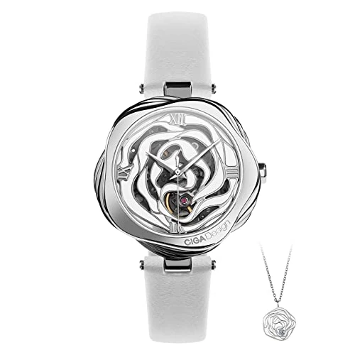CIGA Design Reloj Automático para Mujer - R Series Rosa de Dinamarca Relojes Mujer de Pulsera 40mm Mecánicos Estilo Esqueleto con Regalo de Collar, Correa de Cuero