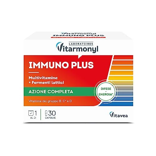 Offerta a tempo: Vitarmonyl Immuno Plus, Integratore con Vitamine, Minerali e Fermenti Lattici, Supporto per Difese Immunitarie ed Energia, Multivitaminico, Vitamina B, Vitamina C e D, 30 Capsule - 42% da 9.90 € a 5.79 €