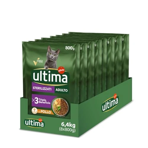 Offerta a tempo: Ultima Sterilizzati Adult Pollo - Crocchette per Gatti - Confezione da 8 x 800 g - Totale 6.4 kg - 34% da 39.42 € a 26.04 €