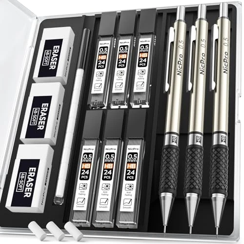Offre limitée : Nicpro 3 Pièces Porte-Mines Métal 0,5 mm avec étui, Crayon Mécanique Criterium 0,5 mm avec 6 tubes Recharges de mine HB, 3 Gommes pour l'écriture d'artiste, le dessin, l'esquisse de 10.79 € à 10.19 € (6% de remise)
