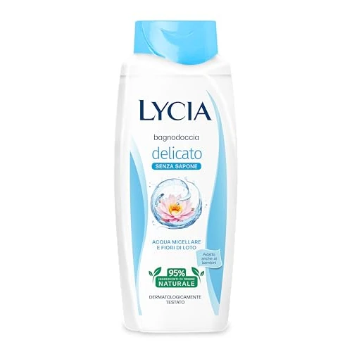 Lycia, Bagnoschiuma Delicato con Acqua Micellare e Fiore di Loto, Riduce la Sensazione di Secchezza, Deterge e Purifica Delicatamente, Adatto a Pelli Sensibili e ai Bambini, 750 ml