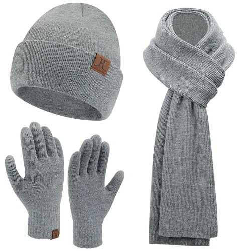 Herren Damen Winter Warm Beanie Mütze Lang Schal Touchscreen Handschuhe Set, Gerippte Strickmütze Wintermütze Schals Winterhandschuhe Geschenk Männer Weihnachten, Grau