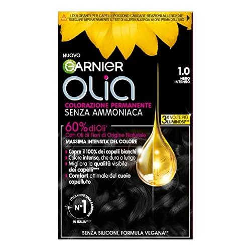 Garnier Olia Midnight Haarfarbe, permanente Haarfarbe, ohne Ammoniak, deckt 100% weißes Haar ab, mit natürlichen Blütenölen natürlichen Ursprungs, vegane Formel, intensives Schwarz