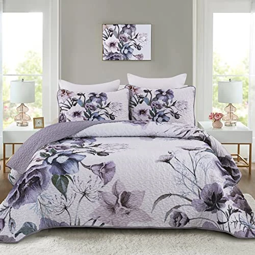 Limited offer: Drucon Purple Floral Quilt Set King Size 3 Pieces Purple Botanical Flower Quilt Coverlet Set Soft Microfiber Lightweight Quilted Bedspread for All Season 104"x90" from 28.81 EUR to 27.08 EUR (save 6%)