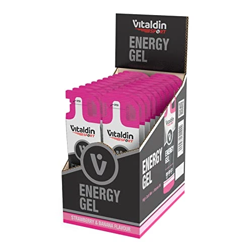 VITALDIN Sport Energy Gel - 24 Gels x 40 gr - Energy Gel Strawberry & Banana Flavour with Vitamin B6 (Caffeine Free) - Fast and Sustained Energy for Running, Cycling & Endurance Sports