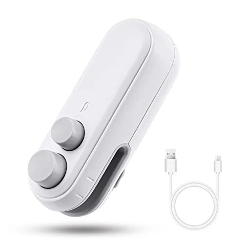Vicloon Zgrzewarka do folii, mini, 2 w 1, zgrzewarka do torebek, z nożem, ładowanie przez USB, z magnetyczną podstawą do przechowywania żywności, biała