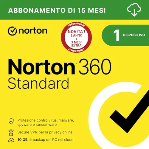 Norton 360 Standard 2026| Antivirus 1 dispositivo|15 mesi|Digital Download