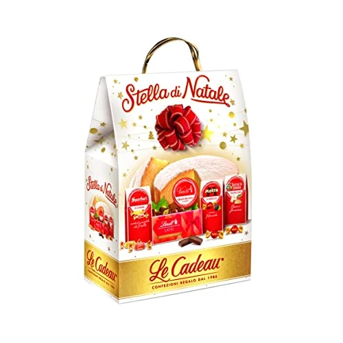 Offerta a tempo: LE CADEAU | Confezione Regalo "Shopper Stella di Natale", Confezione Alimentare Natalizia 5 Pezzi: Torta Gran Delizia, Cioccolato, Pasticcini, Gelèes Alla Frutta e Tanto Altro, Idea Regalo Natale - 50% da 19.90 € a 10.00 €