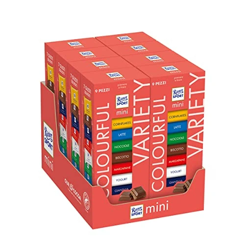 Offerta a tempo: Ritter Sport Mini Tower 150g Colourful Variety, Mix Cioccolatini, 7 Gusti, Cioccolato al Latte, Nocciole, Fiocchi di Mais, Cornflakes, Gianduia, Ripieno allo Yogurt e Biscotto, 8 Mini Tower da 9 Pezzi - 16% da 40.20 € a 33.90 €