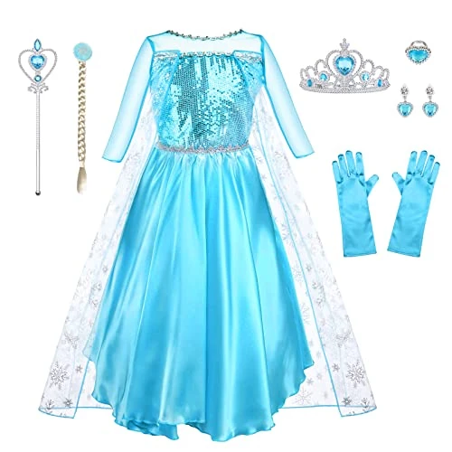 URAQT Vestido Princesa Niña, Disfraz Con Accesorios de Cosplay, Capa de Copos de Nieve Brillantes, Para Halloween Cumpleaños Carnaval, 110cm