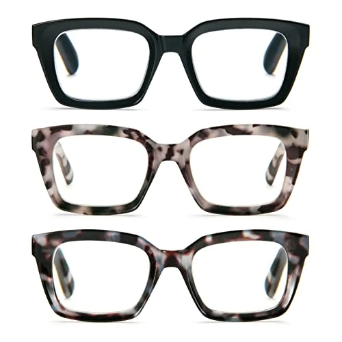 Offerta a tempo: MMOWW Confezione da 3 Occhiali da Lettura Rettangolari - Oversized Square Frame Anti Luce Blu Occhiali donna uomo (Nero+tartaruga blu+tartaruga grigia, +2.0) - 20% da 13.99 € a 11.19 €