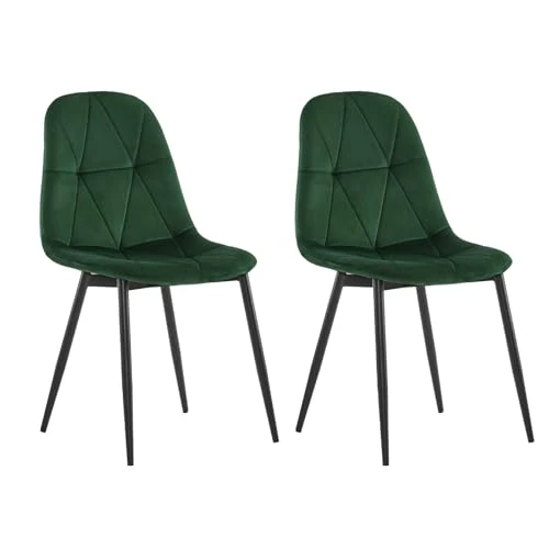 Lestarain Lot de 2 Chaises de Salle à Manger, Chaise Salon, Chaise Scandinave, Chaise de Cuisine en Velours avec Pieds en métal, Assise Rembourré, Vert Foncé LCNI109002-2