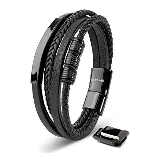 Oferta limitada: SERASAR Pulsera Hombre Cuero Negro Acero Inoxidable Brazalete Regalo 20cm de 34.99 € a 29.74 € (ahorro 15%)