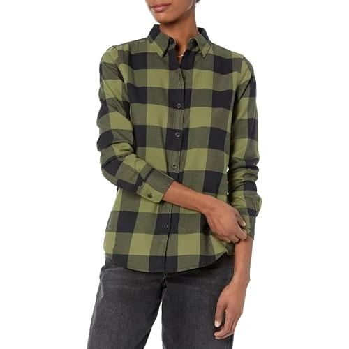 Amazon Essentials Camisa de Franela a Cuadros Ligera de Manga Larga y Corte Estándar Mujer, Negro Verde Oliva Cuadros de Vichy, XXL