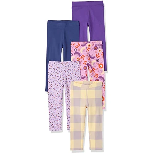 Amazon Essentials Legginsy dla małych dziewczynek, 5 sztuk, ciemnoniebieskie/jasnofioletowe, folkowe kwiatowe/liliowe tulipany/fioletowy/żółty w kratę, 2T