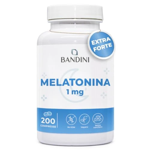 Offerta a tempo: Bandini® Melatonina Forte Pura da 200 Compresse (Scorta + 6 mesi), Integratore per Dormire 1mg per Compressa, Facile da deglutire, Migliora la Qualità del Sonno Regolando il Ciclo Sonno-Veglia - 5% da 8.90 € a 8.45 €