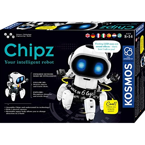Kosmos 617127 Chipz - Il tuo robot intelligente, con istruzioni multilingue, per bambini dagli 8 ai 14 anni, segue i movimenti, evapora gli ostacoli, effetti luminosi e sonori, giocattoli robotici